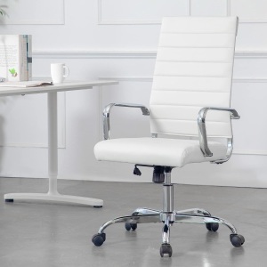 LANDSUN Home Office Chair Ribbed Leather High Back Executive Swivel Computer Desk Chairs with Wheels and Armrests Soft Padded Adjustable Height Modern Conference Chrome White 29"D x 29"W x 45.3"H