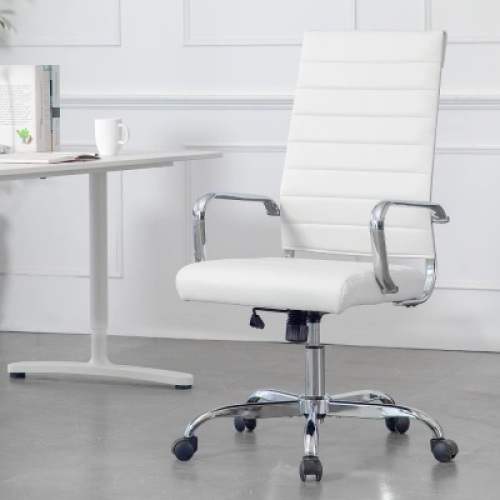 LANDSUN Home Office Chair Ribbed Leather High Back Executive Swivel Computer Desk Chairs with Wheels and Armrests Soft Padded Adjustable Height Modern Conference Chrome White&nbsp;29"D x 29"W x 45.3"H