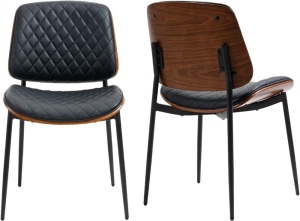 MJIH Mid-Century Modern Dining Chairs - Set of 2 | Black Faux Leather | Walnut Wood | Metal Legs | Adjustable Foot | Comfortable & Stylish | Ideal for Kitchen, Dining & Living Room (Black) 20.67"D x 20.08"W x 32.28"H