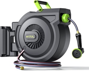 MYTOL Retractable Garden Hose Reel, 5/8 Inch x 82 ft + 6 ft Wall Mounted Water Hose Reel with Auto Slow Rewind System, 10-Pattern Nozzle, Any Length Lock, 180° Swivel Bracket, Ideal for Easy Watering