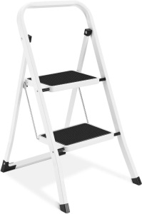 2 Step Ladder, Lightweight Folding Step Stools for Adults with Anti-Slip Pedal, Portable Sturdy Steel Ladder with Handrails, Perfect for Kitchen & Household, 330 lbs Capacity, White 21.1"D x 18.3"W x 31.7"H