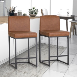 ALPHA HOME 24” Bar Stools Set of 2 Counter Height Bar Stool Pu Leather Kitchen Modern Bar Stools with Backrest Upholstered Footrest Sturdy Chromed Metal Steel Frame,Brown.