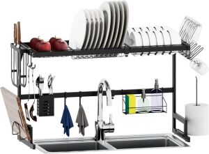 HEITICUP 2 Tier Dish Drying Rack, Adjustable & Space-Saving Over The Sink, Black Stainless Steel, from 25.6" to 33.5"