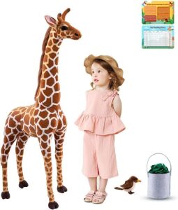 BRINJOY 47" Giant Giraffe Stuffed Animal Set with Bird, Basket, Leaves and Feeding Card