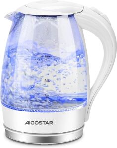 Aigostar Electric Kettle, 1.7 Liter Electric Tea Kettle with LED Illuminated and High Borosilicate Glass, Hot Water Kettle with Filter, BPA Free, Auto Shutoff, Boil-Dry Protection, Cordless, 360° Base