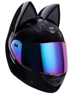 HNJ Motorcycle Helmet with Cat Ears & Blue/Pink Visor, Small