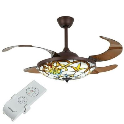 OUKANING 42" Retro Ceiling Fan Light 4-Blade Retractable Chandelier with Remote Control