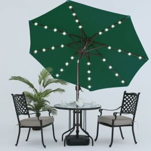 MASTERCANOPY 9ft Patio Umbrella with 32 Solar LED Lights, 8 Ribs, Forest Green