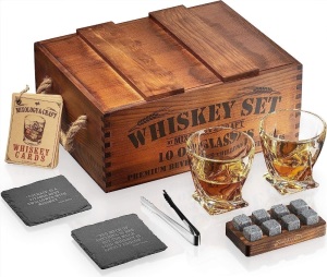 Mixology Whiskey Gift Set, Whiskey Glass Set with Rustic Wooden Crate, 8 Granite Whiskey Rocks Chilling Stones, 10oz Whiskey Glasses, Gift for Men, Dad, Husband, Boyfriend - Jameson Brown