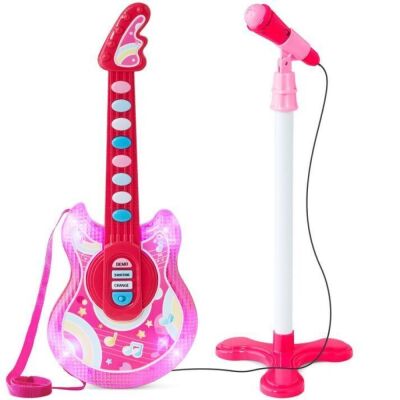 19in Kids Flash Guitar, Pretend Play Musical Instrument Toy for Toddlers w/ Mic, Stand