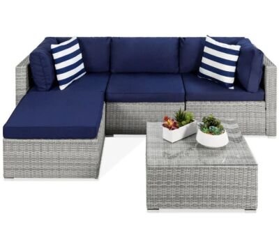 5-Piece Modular Wicker Sectional Conversation Set w/ 2 Pillows, Coffee Table 