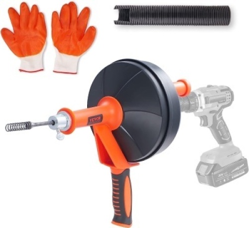 VEVOR Drain Auger 25Ft, Plumbing Snake with Drill Attachment, Plumbers Snake Drain Clog Remover for Kitchen Bathroom Shower Sink with Protective Hose and Gloves