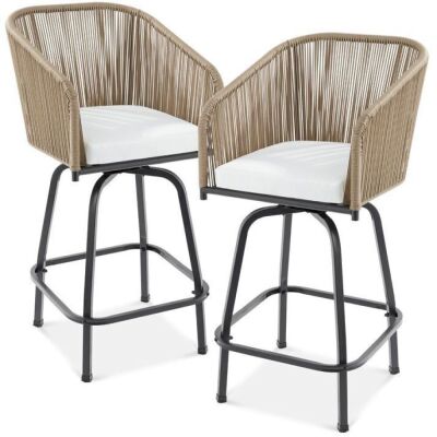 Set of 2 Woven Wicker Swivel Barstools w/ 360 Rotation, Steel Frame 