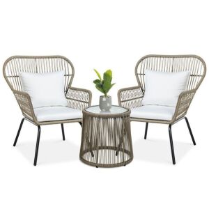 3-Piece Patio Wicker Conversation Bistro Set w/ 2 Chairs, Glass Top Table - Unknow if Hardware is Complete