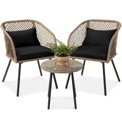 3-Piece Outdoor Diamond Weave Wicker Bistro Set w/ Tempered Glass Side Table 