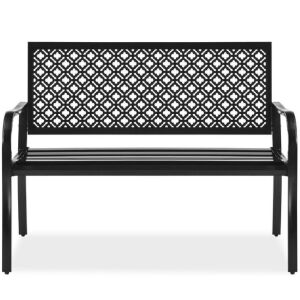 Indoor Outdoor Steel Bench w/ Geometric Backrest, Foot Levelers 