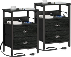 Furologee Nightstands Set of 2, End Tables with Charging Station and USB Ports, Side Tables with 2 Fabric Drawers, Bedside Tables with Storage Shelf & Hooks, for Living Room/Bedroom, Black Oak 14.96"D x 11.75"W x 22.25"H