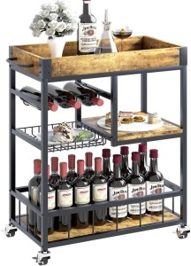 aboxoo Bar Cart Wine Glass 3 with Basket Tier Home Rolling Rack with Wheels Mobile Kitchen Industrial Vintage Style Wood Metal Serving Trolley Serving Cart,Glass Holder Bar Cabinet 29"D x 13"W x 33"H