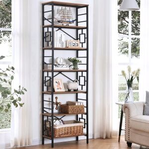 HOMISSUE 7-Tier Metal Bookshelf, Rustic Brown 