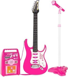 Kids Electric Guitar Play Set w/Whammy Bar, Microphone, Amp, AUX, Pink