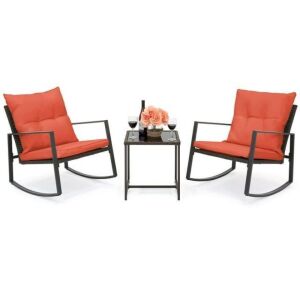 3-Piece Patio Wicker Bistro Furniture Set w/ 2 Rocking Chairs, Glass Side Table, Cushions - Red