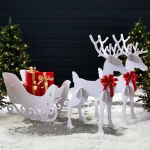 3-Piece Deer & Sleigh Silhouette Set Holiday Yard Decoration w/ Stakes - 4ft 