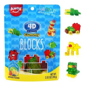 AMOS 4D Gummy Blocks Candy Bricks, Edible Building Blocks, Themed Candy for Kids Birthday Party, Gluten Free，Resealable 3.53oz Bag (6 Pack)