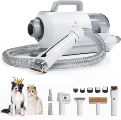 GEREFET Dog Grooming Kit & Vacuum & Hair Dryer 3 in 1, Professional Dog Grooming Clipper with 6 Tools for Shedding & Dryer, Dog Hair Dryer with Adjustable Speed & Temperature