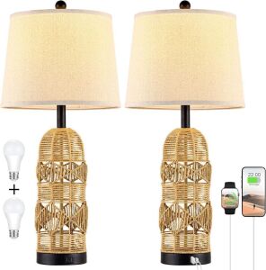 28.5" Rattan Table Lamps for Living Room, Touch Lamps for Bedrooms Set of 2, Night Lamps for Nightstand with Beige Linen Lamp Shade(Bulbs Included)