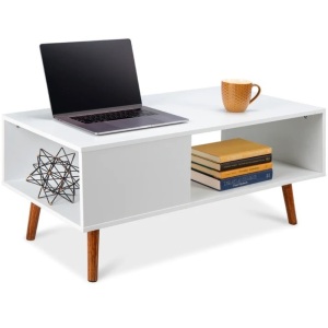 Wooden Mid-Century Modern Coffee Accent Table w/ Open Storage Shelf 39.25"(L) x 19.75"(W) x 17.5"(H)