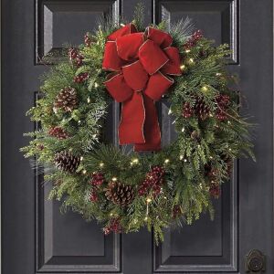 Christmas Cheer Cordless Wreath with Red Bow 24" 