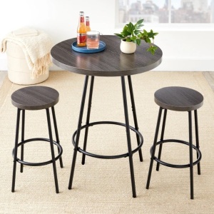 3-Piece Bistro Set Modern Round Counter Height Dining Set w/ 2 Stools Table Dimensions: 24.5"(Dia) x 35.75"(H) Chair Dimensions: 17"(Dia) x 24.5"(H) Tabletop Diameter: 23.5"(Dia) Tabletop Thickness: 1"(Thick) Apron: 34.75"(H) Seat Dimensions: 11.75"(Dia) 