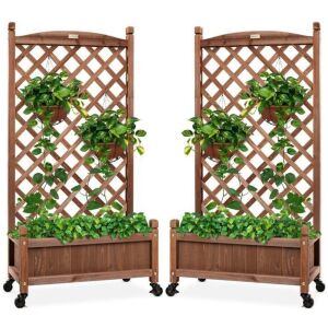 Set of 2 Wood Planter Box & Lattice Trellis w/ Optional Wheels - 48in 