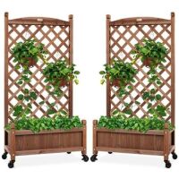 Set of 2 Wood Planter Box & Lattice Trellis w/ Optional Wheels - 48in&nbsp;