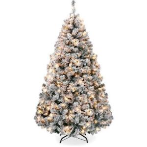 7.5' Pre-Lit Snow Flocked Artificial Pine Christmas Tree w/ Warm White Lights 