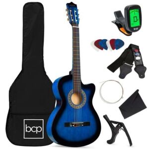 Beginner Acoustic Guitar Starter Set 38in w/ Case, All Wood Cutaway Design, Strap, Tuner