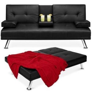 Faux Leather Upholstered Convertible Sofa Bed Futon w/ 2 Cupholders 