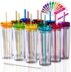 Skinny Tumblers 16oz Double Wall Clear Acrylic Tumblers, 12 Colors