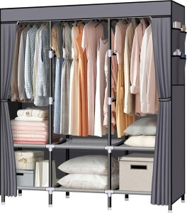 LOKEME 61-Inch Portable Wardrobe with 3 Hanging Rods and 6 Storage Shelves, Non-Woven Fabric