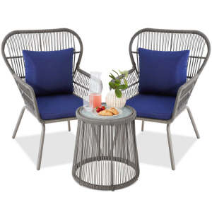 3-Piece Patio Wicker Conversation Bistro Set w/ 2 Chairs, Glass Top Table