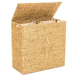 Extra Large Water Hyacinth Double Laundry Hamper Basket w/ 2 Liner Bags 