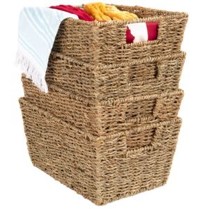 Set of 4 Seagrass Storage Tote Baskets, Laundry Organizer w/ Insert Handles 