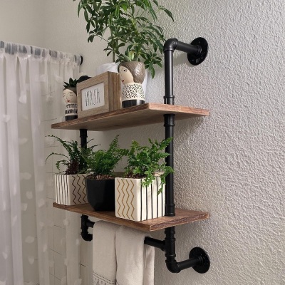 ROGMARS Pine Wood Floating Shelves Wall Shelves 24 inch,Bathroom Pipe Shelves with Towel Rack, Industrial Wall Mounted Shelf for Bathroom Decor for Living Room Bedroom Kitchen Bathroom