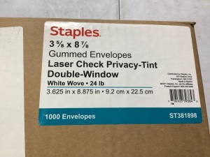 Staples 3 5/8 X 8 7/8 Gummed Envelopes Laser Check Privacy Tint Double Window white wove 1000 Envelopes