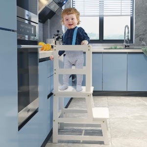 Popin Lover Kitchen Step Stool for Kids and Toddlers with Safety Rail, Kids Step Stool Standing Tower Learning Stool for Bathroom& Kitchen 18"D x 18"W x 34.8"H 