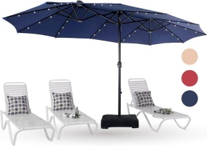 PHI VILLA 15ft Large Patio Umbrella with Solar Lights, Double-Sided Outdoor Market Rectangle Umbrellas with 36 LED Lights, Umbrella Base (Stand) Included, Navy Blue