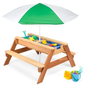 3-in-1 Kids Sand & Water Table Outdoor Wood Picnic Table w/ Umbrella Table Dimensions: 38"(L) x 37.75"(W) x 19.5"(H) Benches: 37.5"(L) x 4.75"(W) Floor-to-Seat: 10.5"(H) Umbrella: 51.25"(Dia) x 43.5-66.5"(H) Table-to-Umbrella: 15-35.5"(H) Plastic Bins: 15