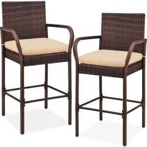 Set of 2 Indoor Outdoor Wicker Bar Stools w/ Cushion, Footrests, Armrests 20"(L) x 18.75"(W) x 46"(H)