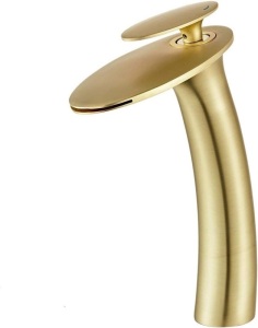 Wovier Brushed Gold Waterfall Bathroom Faucet,Single Handle Single Hole Brass Lavatory Vanity Vessel Faucet,Slanted Body Basin Mixer Tap Tall Body with Supply Hose