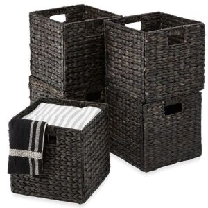 Set of 5 Collapsible Hyacinth Storage Baskets w/ Inserts - 13x13in 